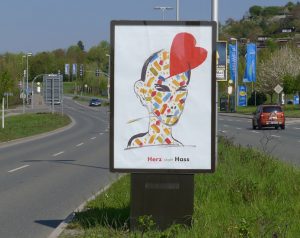 Plakataktion „Herz statt Hass“, 2017, Entwürfe Tuschzeichnungen, Plakataktion in der Stadt mit ausgewählten Beispielen