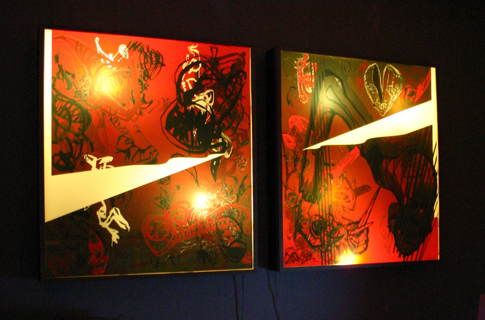 Lichtkästen „Engelssturz“, 2004, Lichtkasten, je 100x100x15 cm